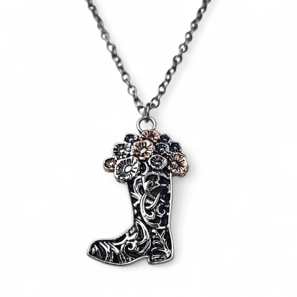 Justin Boots Silver And Rose Toned Cowgirl‎ Boot Pendant Necklace